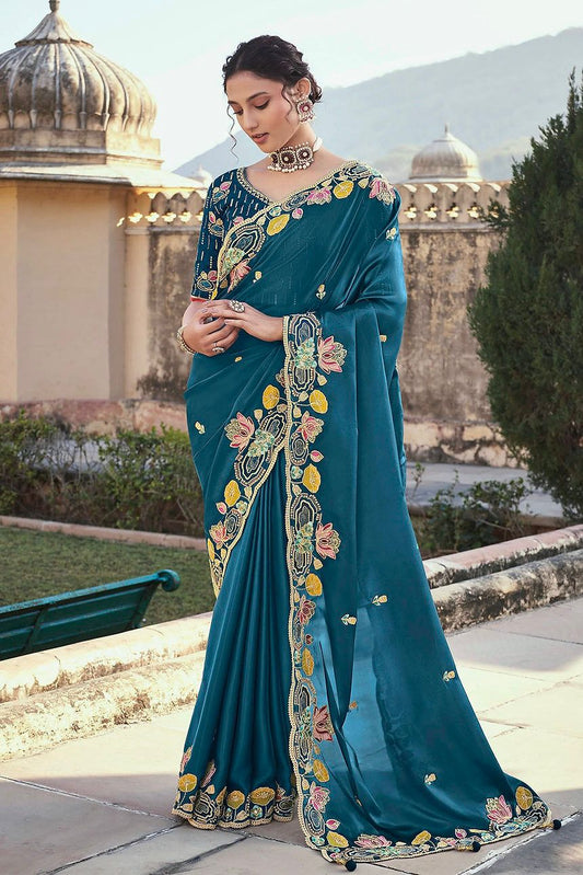 Wedding & Party Wear Embroidery Work Teal Blue Color Saree