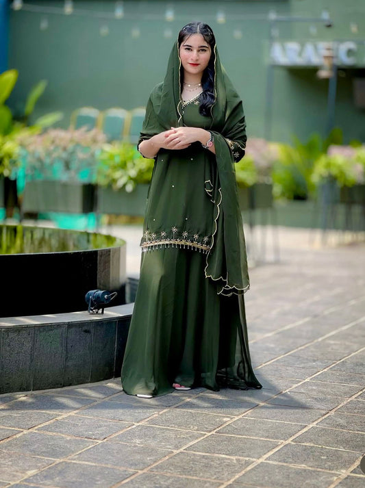 Captivating Green Color Embroidered Sharara Suit