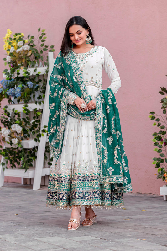 Preferable Georgette Teal Blue Color Gown With Wine dupatta