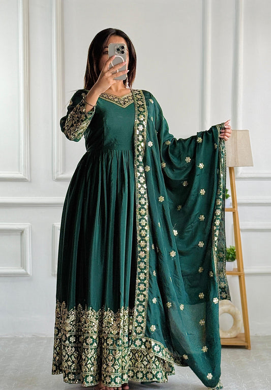 GoodLooking Chinon Silk Green Color Gown