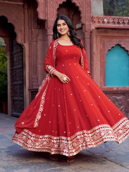Classic Heavy Work Red Color Georgette Gown