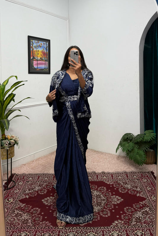 Wonderful Embroidery Work Navy Blue Color Saree With Koti