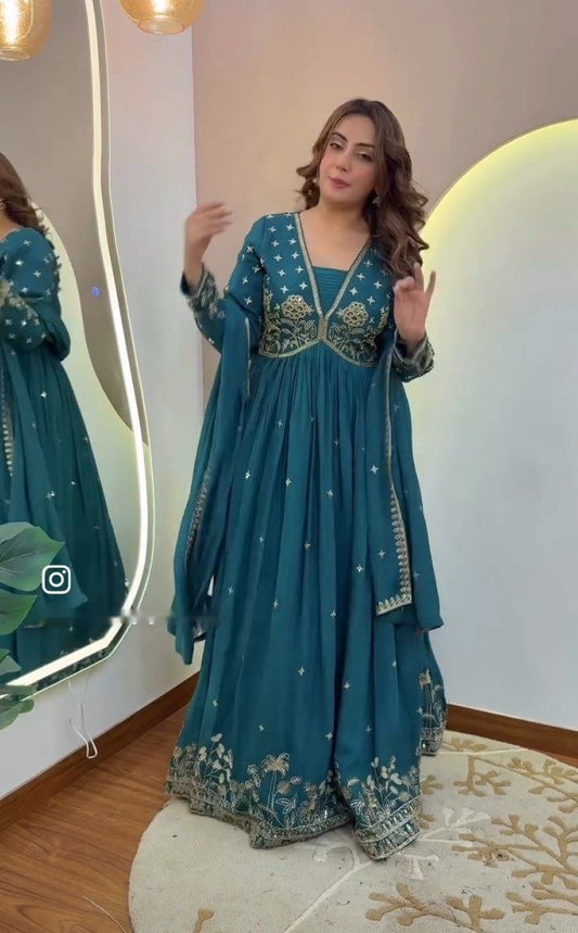 Lovely Teal Green Dola Silk Embroidery Work Gown