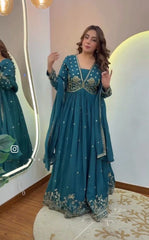 Lovely Teal Green Dola Silk Embroidery Work Gown Lovely Teal Green Dola Silk Embroidery Work Gown