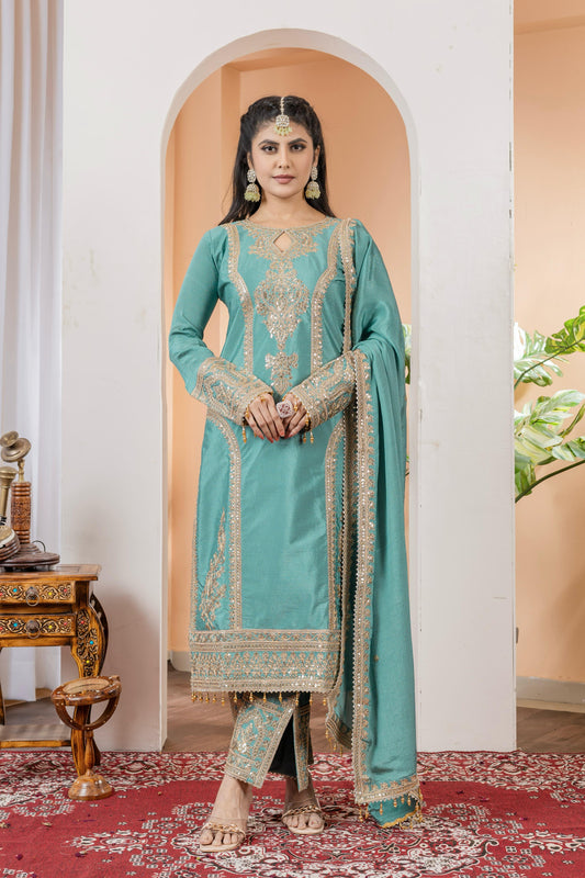Imposing Chinon Silk Teal Blue Color Top With Plazzo