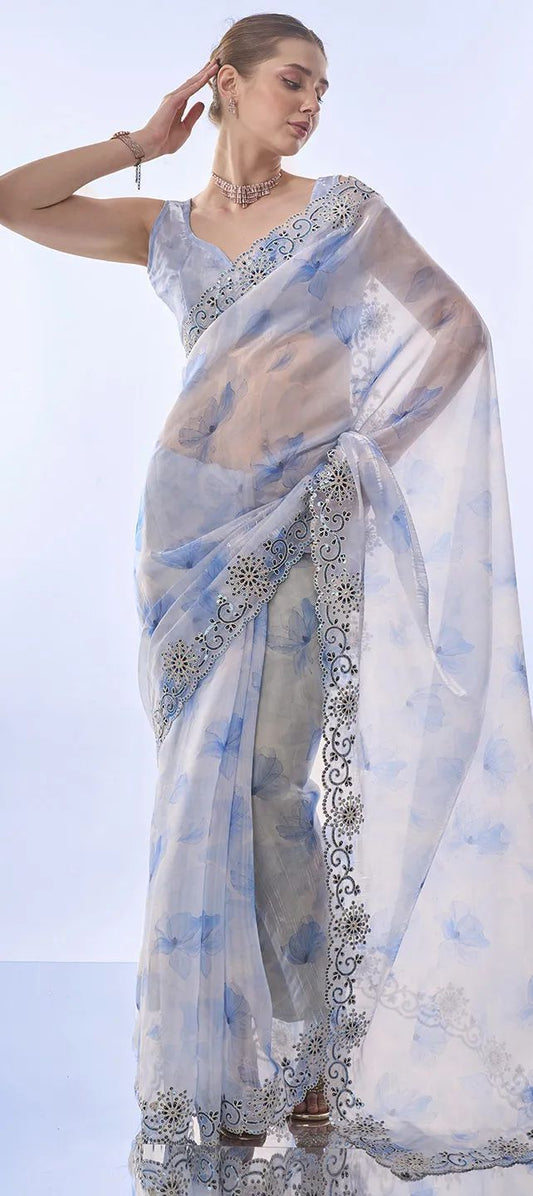 Party Wear Sky Blue Printed Silk Saree