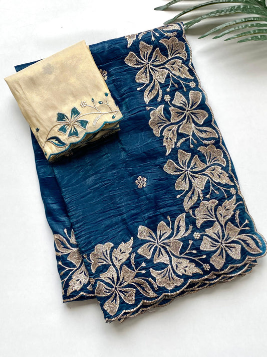 Festive Wear Blue Color Flower Embroidery Silk Saree
