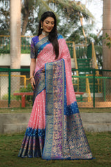 Wonderful Bandhani Blue With Peach Kanjivaram Silk Saree Wonderful Bandhani Blue With Peach Kanjivaram Silk Saree