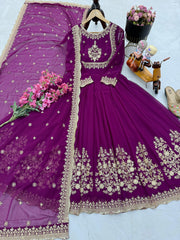 Glimmering  Embroidery Work Long Wine Color Gown Glimmering  Embroidery Work Long Wine Color Gown