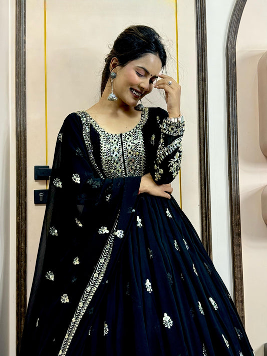 Adorable Embroidery Sequence Work Black Color Gown