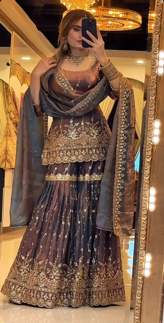 Exclusive Brown Heavy Fandy Silk Embroidery Sharara Suit