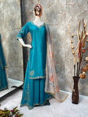 Stunning Chinon Embroidery Work Sky Blue Color Sharara Suit Stunning Chinon Embroidery Work Sky Blue Color Sharara Suit
