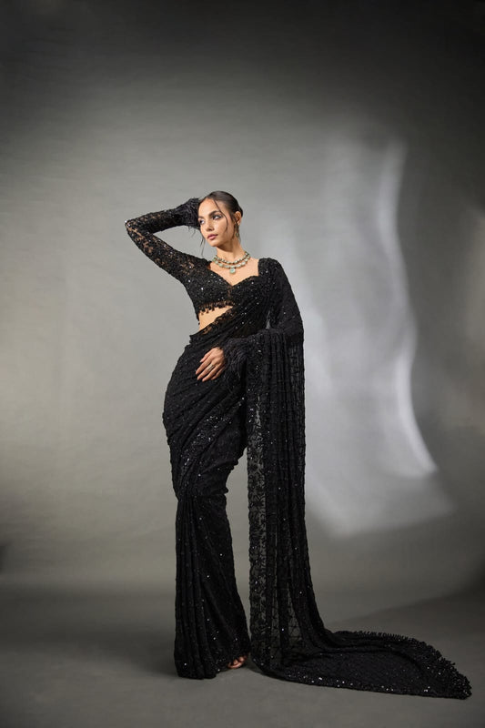 Awesome Black Color Heavy Embroidery Saree