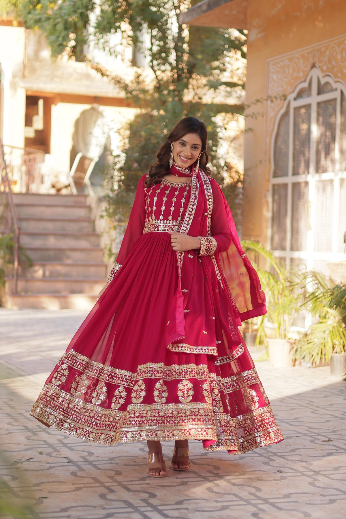Attractive Embroidery Work Pink Color Gown