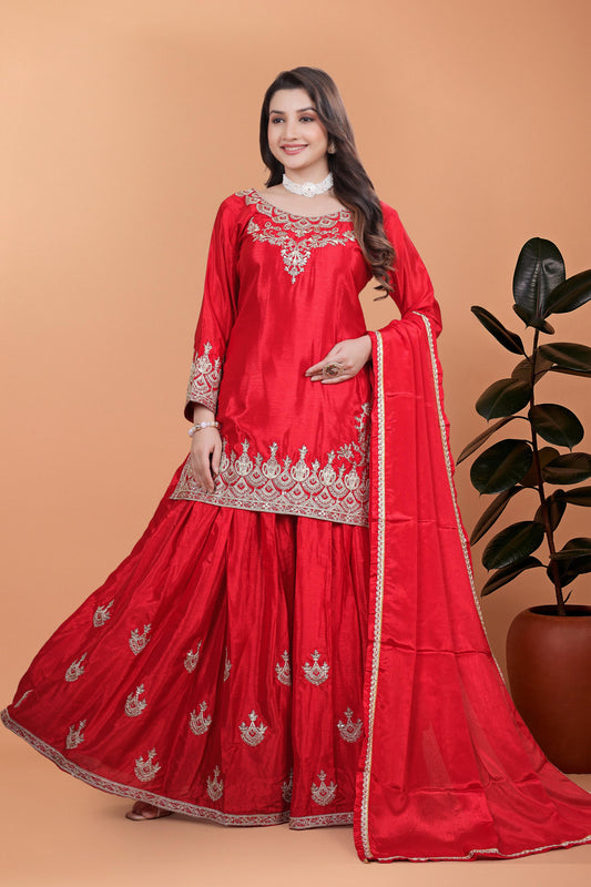 Exclusive Embroidery Work Red Color Palazzo Suit