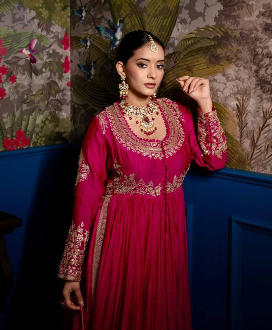 Roman Silk Pink Color Gown With Dupatta