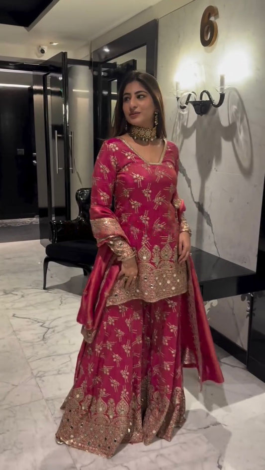 Delightful Simmer silk Red Color Sharara Suit