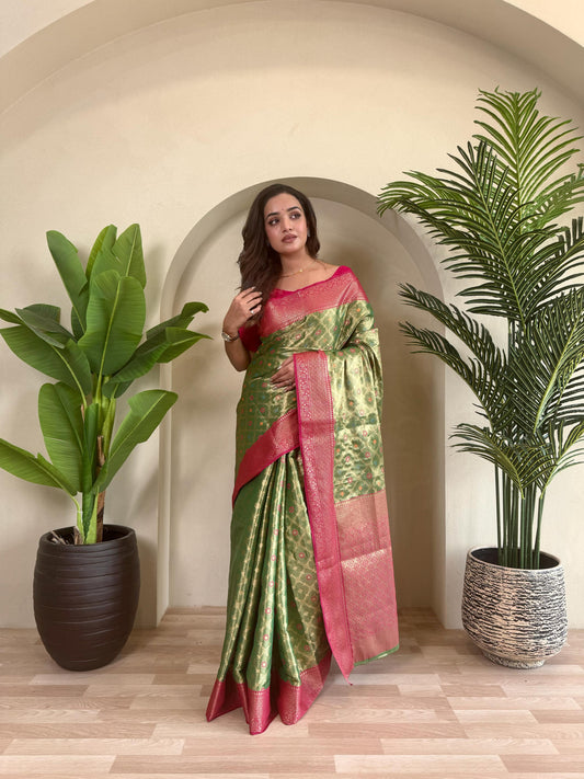 Wedding Wear Silk Zari Weaving Green Color Saree