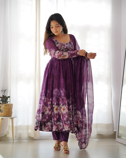 Good Looking Multi Flower Printed Wine Color Anarkali Suit