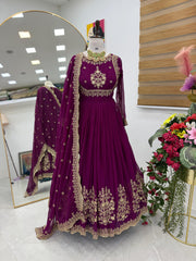 Glimmering  Embroidery Work Long Wine Color Gown Glimmering  Embroidery Work Long Wine Color Gown