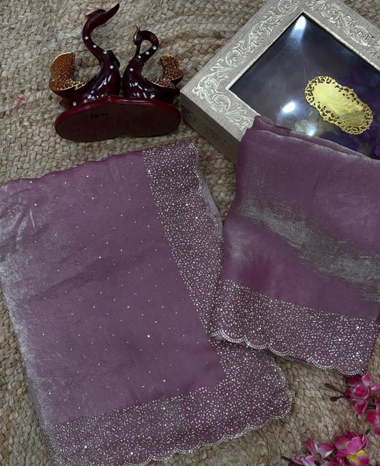 Party Wear Diamond Work Silk Onion Color Saree