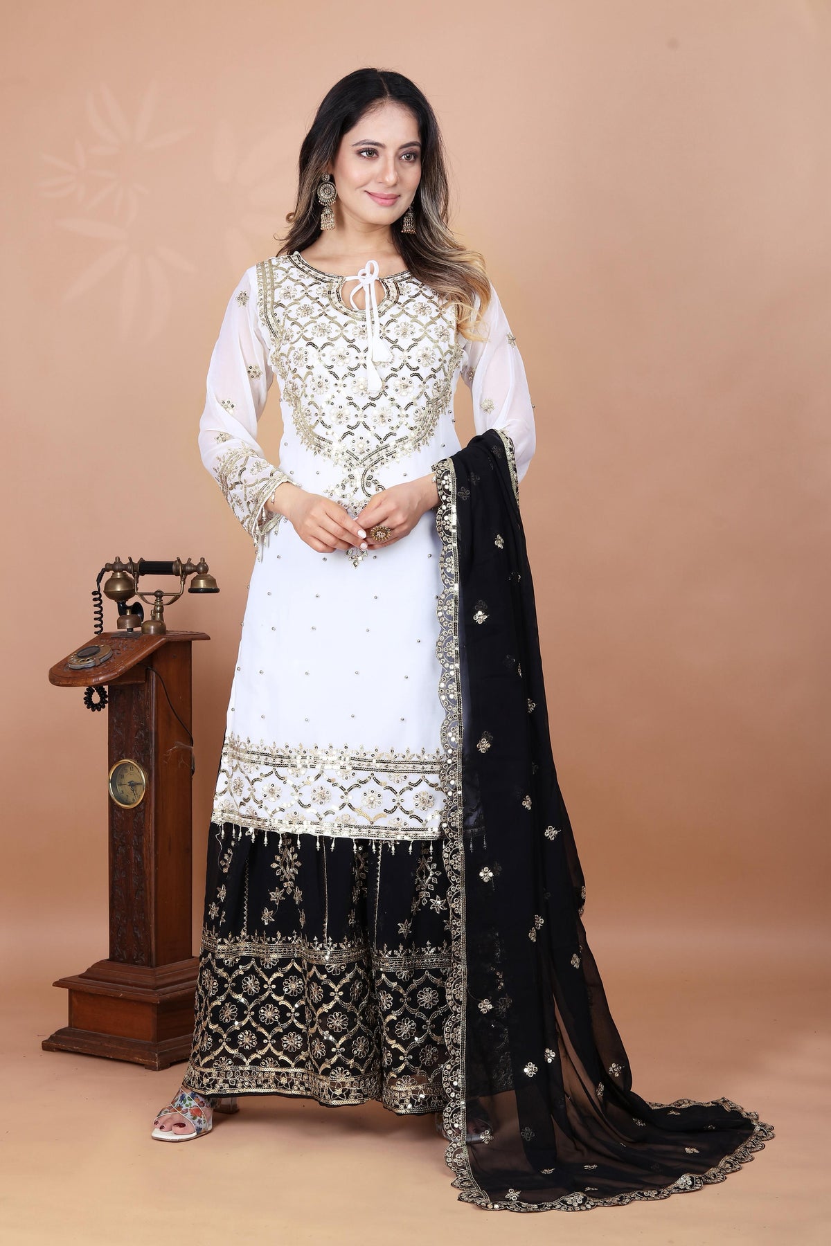 Exclusive Heavy Work White Color Suit Black Sharara