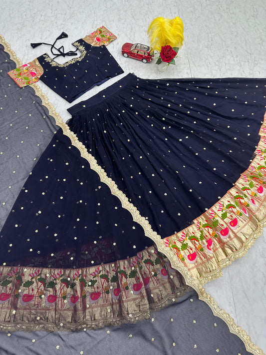 Casual Wear Sequence Work Navy Blue Color Lehenga Choli
