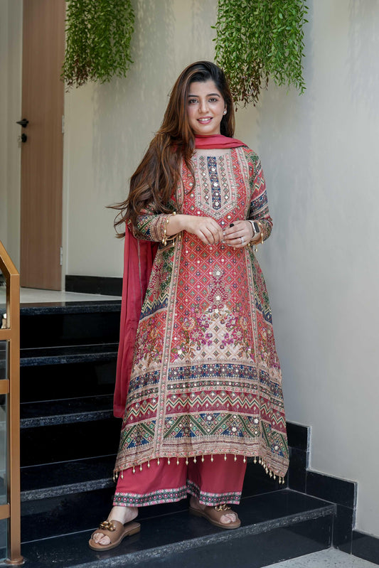 Attractive Chinon Silk Printed Mirror Work Palazzo Suit