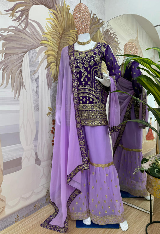 Awesome Heavy Work Lavender Color Sharara Suit