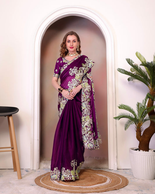 Traditional Wear Embroidery Work Wine Color Saree