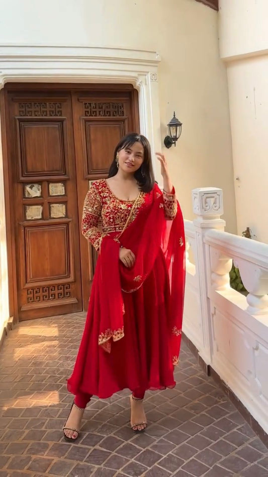 Pretty Red Georgette Sequence Work Gown
