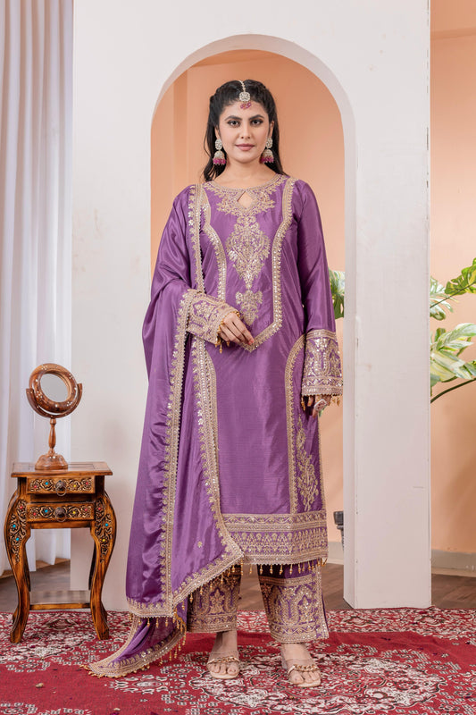 Imposing Chinon Silk Lavender Color Top With Plazzo