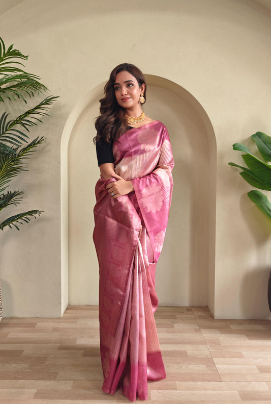 Wonderful Pink Color Flower Print Silk Saree