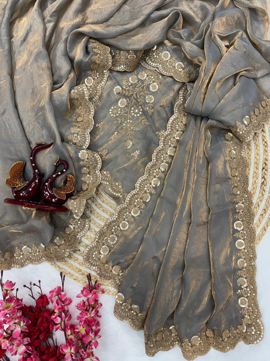 Beautiful Silk Embroidery Work Grey Color Saree