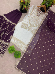 Exclusive Heavy Work White Color Suit Wine Sharara Exclusive Heavy Work White Color Suit Wine Sharara