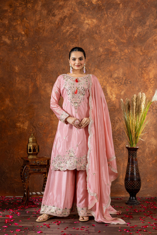 Stunning Chinon Silk Pink Color Color Palazzo Suit