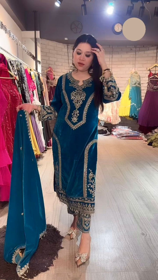 Delightful Teal Blue Color Velvet Salwar Suit