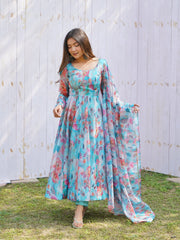 Luxuriant Sky Blue Color Organza Silk Anarkali Suit Luxuriant Sky Blue Color Organza Silk Anarkali Suit