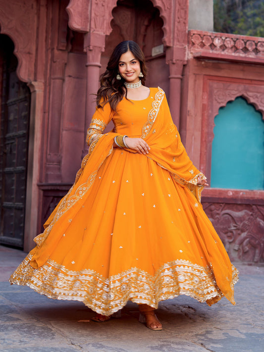 Classic Heavy Work Yellow Color Georgette Gown