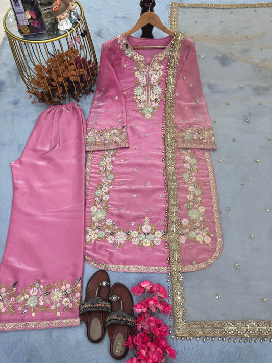 Stunning Sequence Work Pink Color Palazzo Suit