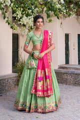 Festive Special Paithani Silk Pista Color Lehenga Choli Festive Special Paithani Silk Pista Color Lehenga Choli