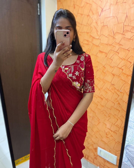 Delightful Georgette Hand Work Red Color Saree
