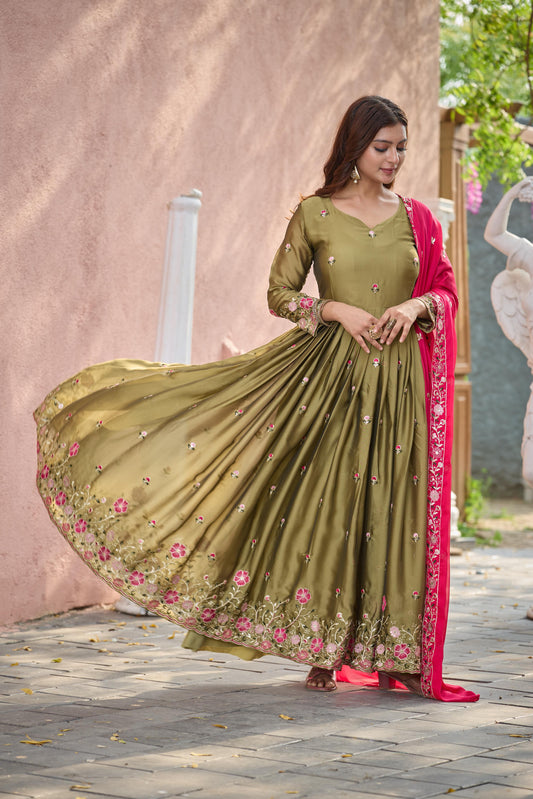 Rangoli Silk Mehndi Color Decent Gown With Pink Dupatta