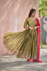 Rangoli Silk Mehndi Color Decent Gown With Pink Dupatta Rangoli Silk Mehndi Color Decent Gown With Pink Dupatta