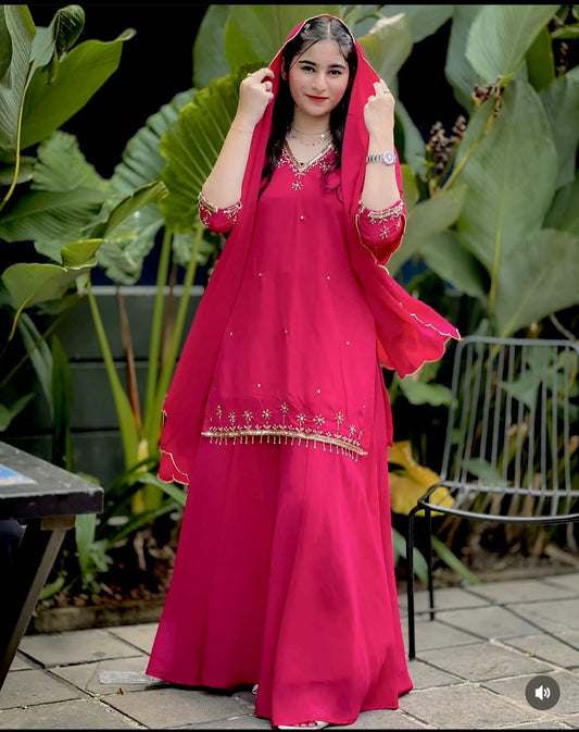 Captivating Pink Color Embroidered Sharara Suit