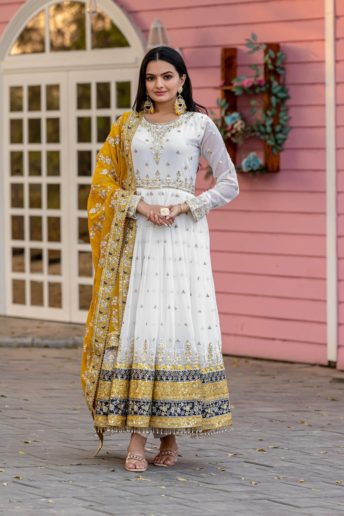 Preferable Georgette White Color Gown With Yellow dupatta