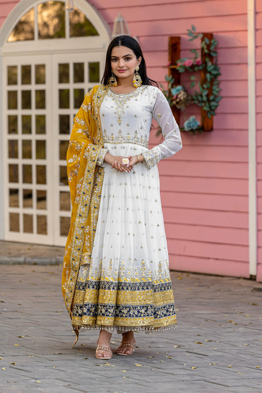 Preferable Georgette White Color Gown With Yellow dupatta