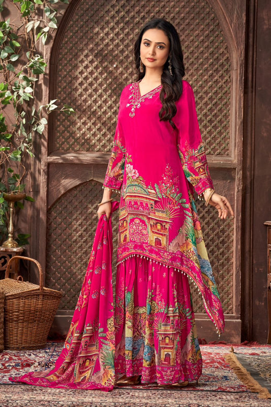Digital Print Pink Color Mirror Work Palazzo Suit