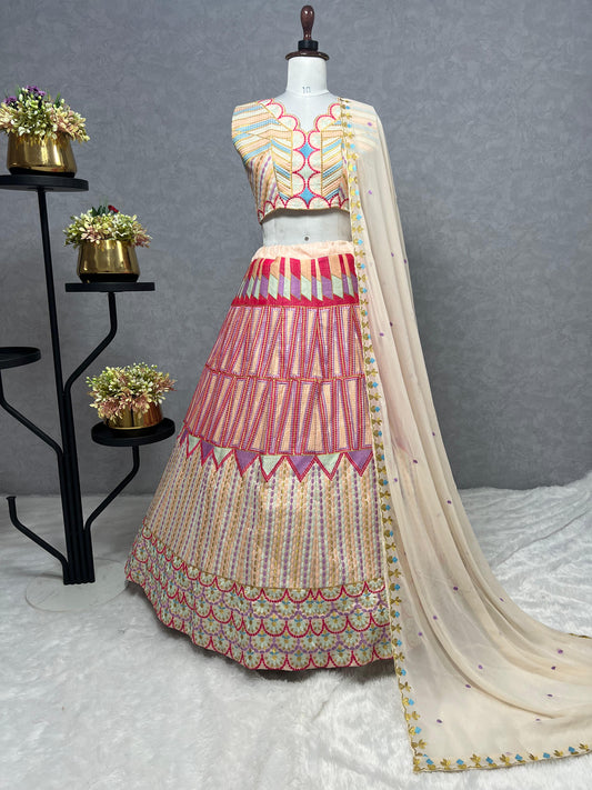 Wedding & Party Wear Mono Silk Embroidery Work Pink Multi Color Lehenga Choli