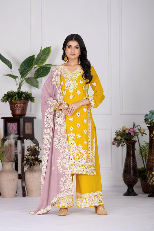 Elegant Embroidered Yellow Color Palazzo Suit Set